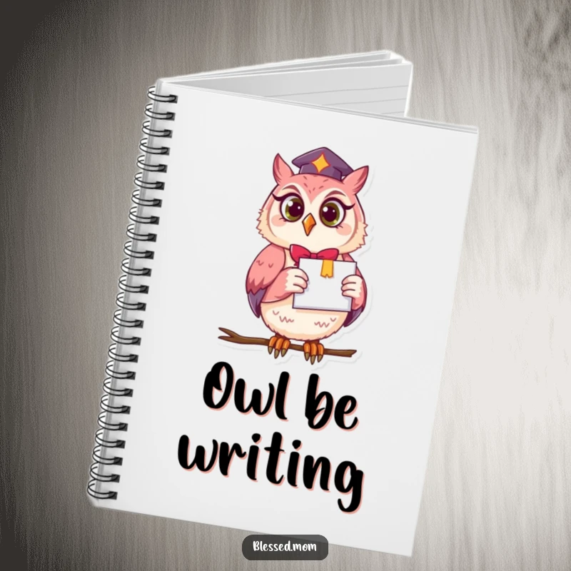 A funny owl mom holding a diploma on a notebook cover, inspiring smart notes and humorous reflections on academic success.