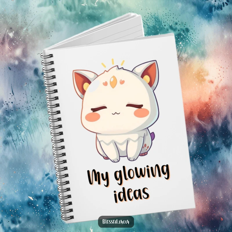 Funny Notebook with a creature's eyes closed, radiating a warm, gentle glow, perfect for journaling and peaceful reflections.