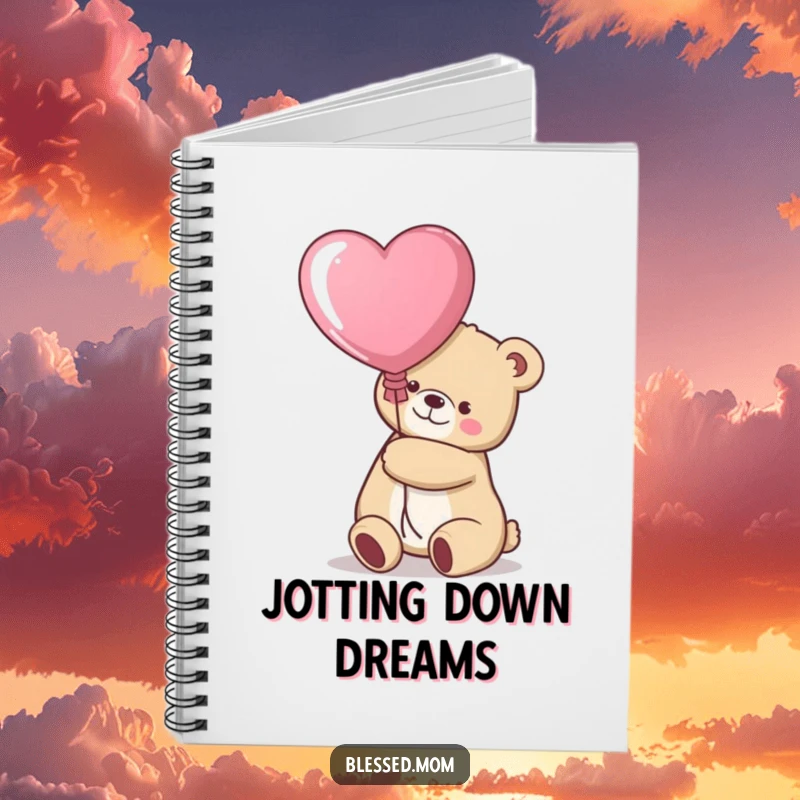 Funny kawaii bear mom hugging a heart balloon on a notebook, great for journaling, a useful gift.