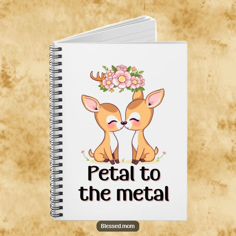 A kawaii deer mom admiring a flower crown on a notebook cover, inspiring gentle thoughts and nature-inspired writing.