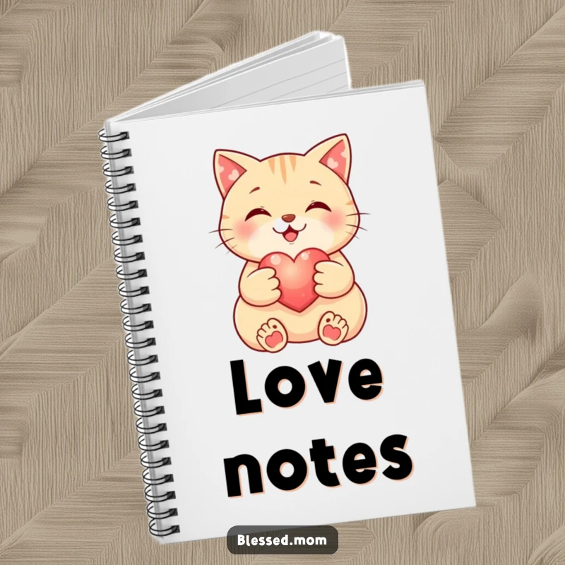 Funny Cat Notebook: Smiling cat writes in a notebook, cradling a small, glowing heart. A cute and funny stationery item.