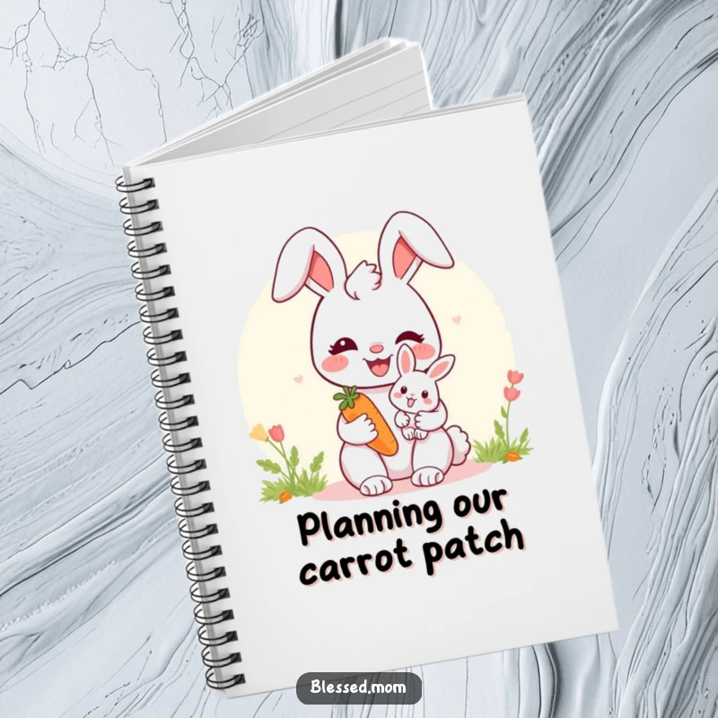 Happy bunny mom notebook with a baby bunny and carrot, perfect for journaling sweet thoughts and memories.