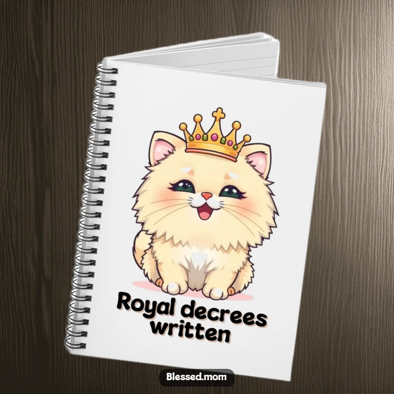 Funny notebook with a fluffy cat wearing a tiny crown, beaming with pride, perfect for writing and doodling with regal humor.