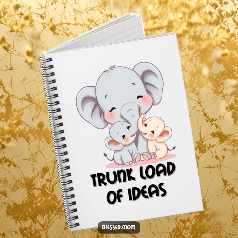 Funny elephant mom tickling her baby with her trunk on a notebook cover, inspiring joyful writing and humorous reflections.