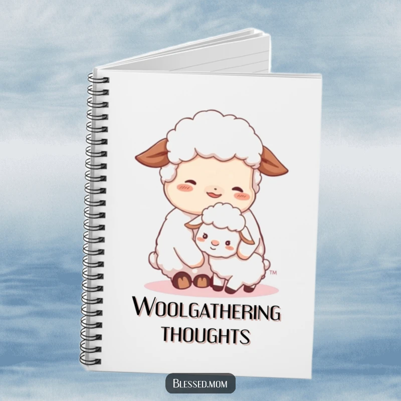 A contented sheep mom nuzzling her lamb on a notebook cover, inspiring calm writing and gentle, peaceful reflections.