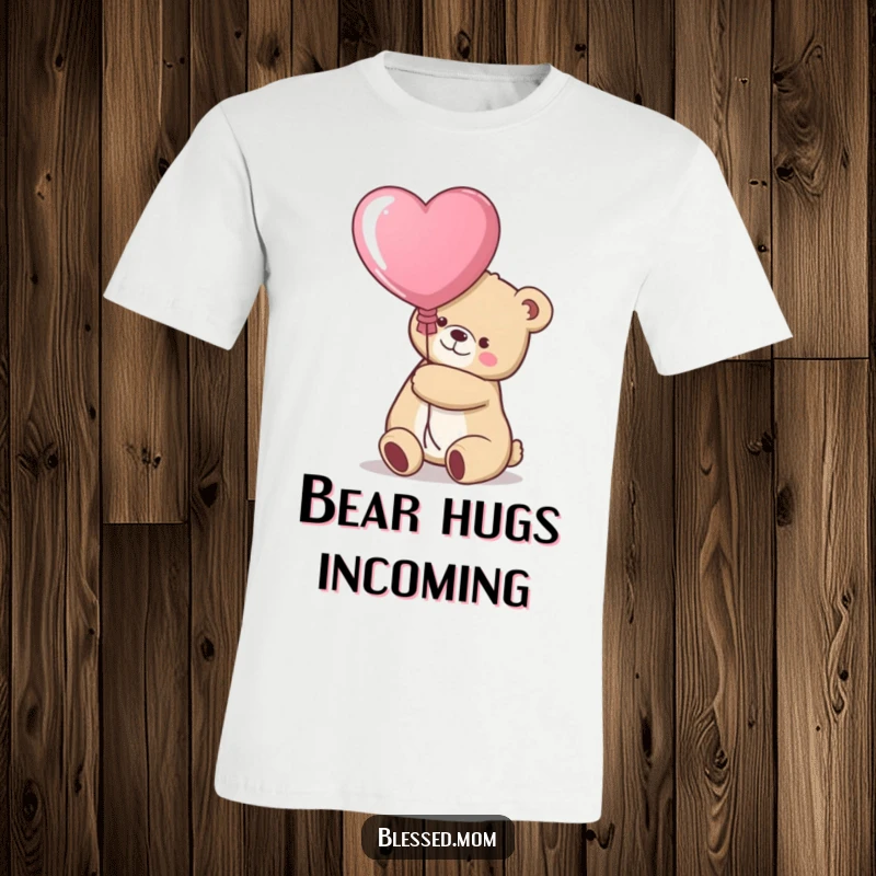 Funny kawaii bear mom embracing a large heart balloon on a soft t-shirt, a delightful gift.
