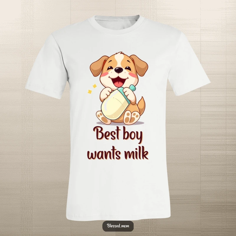 Funny t-shirt with a playful dog character joyfully cradling a shiny baby bottle, expressing adorable puppy-like innocence and humor.