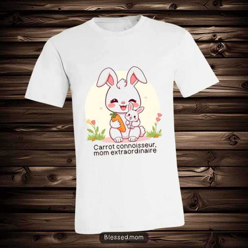 Sweet bunny mom t-shirt with a baby bunny and a carrot, celebrating maternal love and gentle affection.