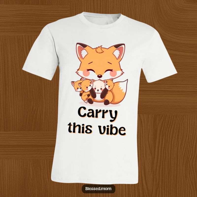 Funny Mama Fox t-shirt depicts a cute fox playfully carrying her kits gently in her mouth, showing love and fun.