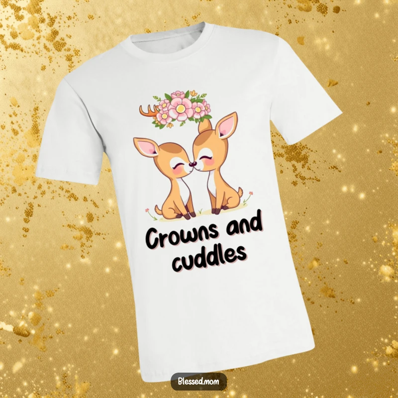 A kawaii deer mom with a gentle expression gazing at a handmade flower crown, printed on a soft t-shirt for a sweet look.