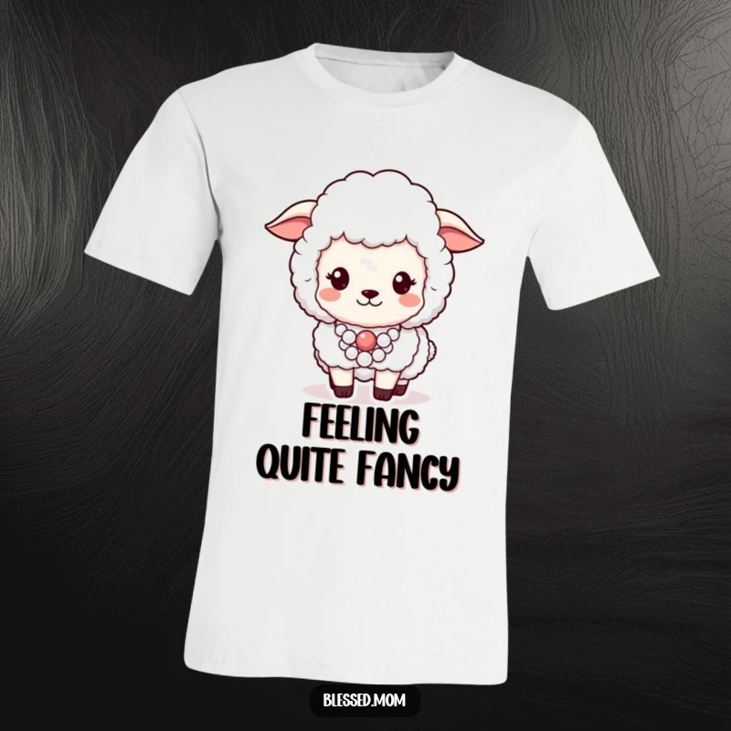 Funny t-shirt graphic of a fluffy sheep adorned with a pearl necklace, looking incredibly proud and chic.