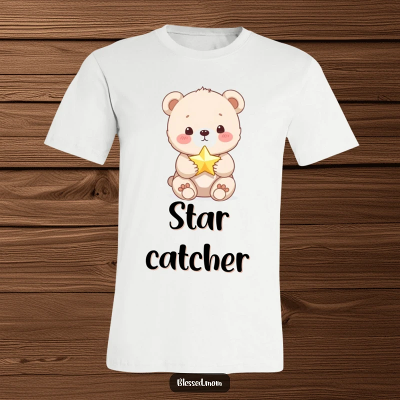 Funny Bear Cub T-Shirt: Adorable cub holds a tiny, shimmering star, embodying innocence and cosmic dreams. A whimsical and funny gift.