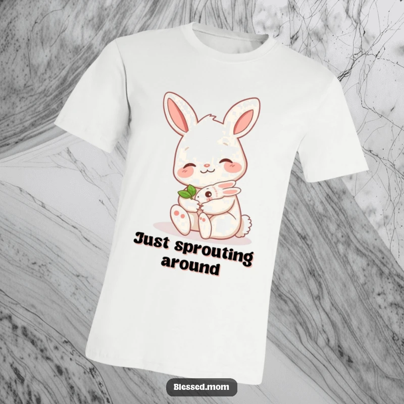 Funny bunny mom t-shirt, a cute mama hare with a gentle smile cradling a tiny sprout, perfect for nature lovers and gift-givers.
