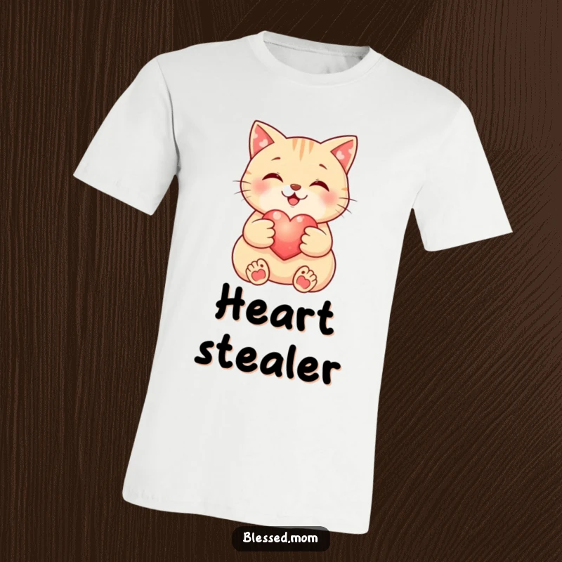 Funny Cat T-Shirt: Smiling cat cradles a small, glowing heart, symbolizing love and companionship. A cute and funny gift.