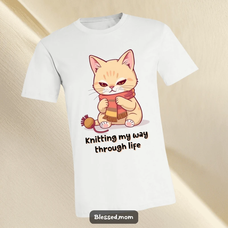 Funny cat knitting a scarf with intense focus, a humorous t-shirt for yarn artists and cat lovers alike.