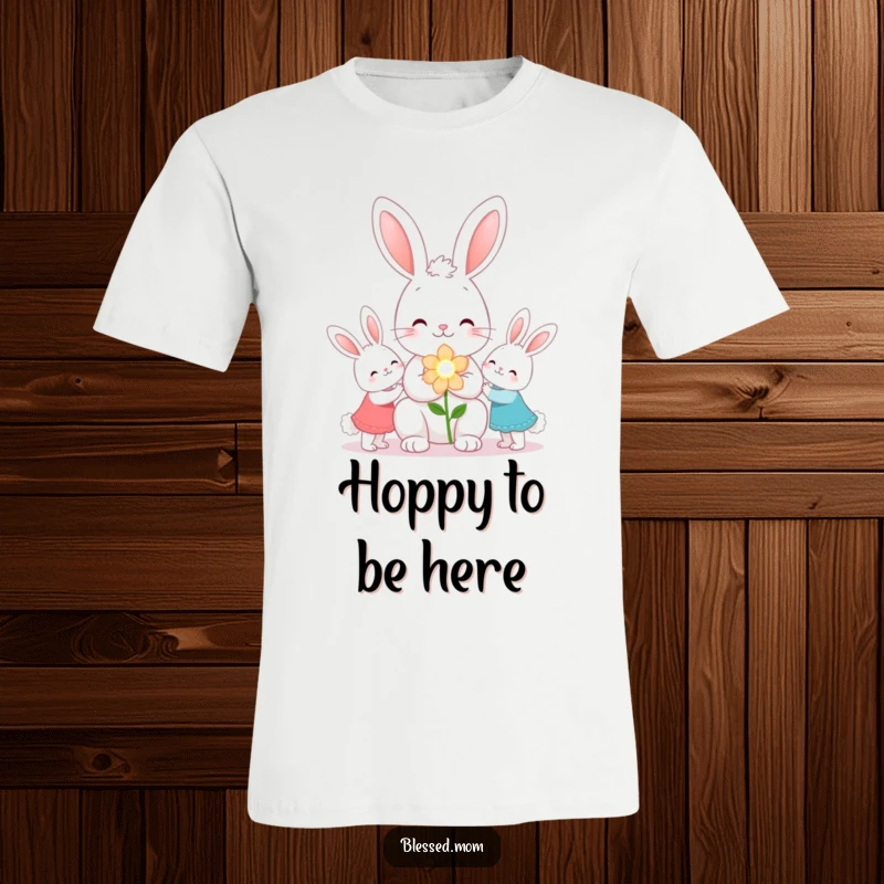 Funny kawaii bunny mom gifting sparkling flowers to her children on a soft t-shirt, a delightful gift.