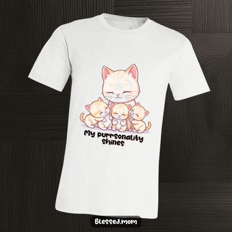 Funny kawaii mother cat lovingly grooms her playful kittens, creating a heartwarming scene on this comfortable and amusing t-shirt.