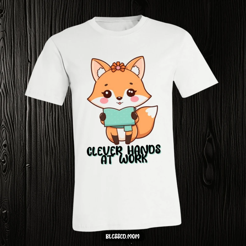 Funny kawaii fox mom proudly displaying a handmade craft on a soft t-shirt, a delightful gift.