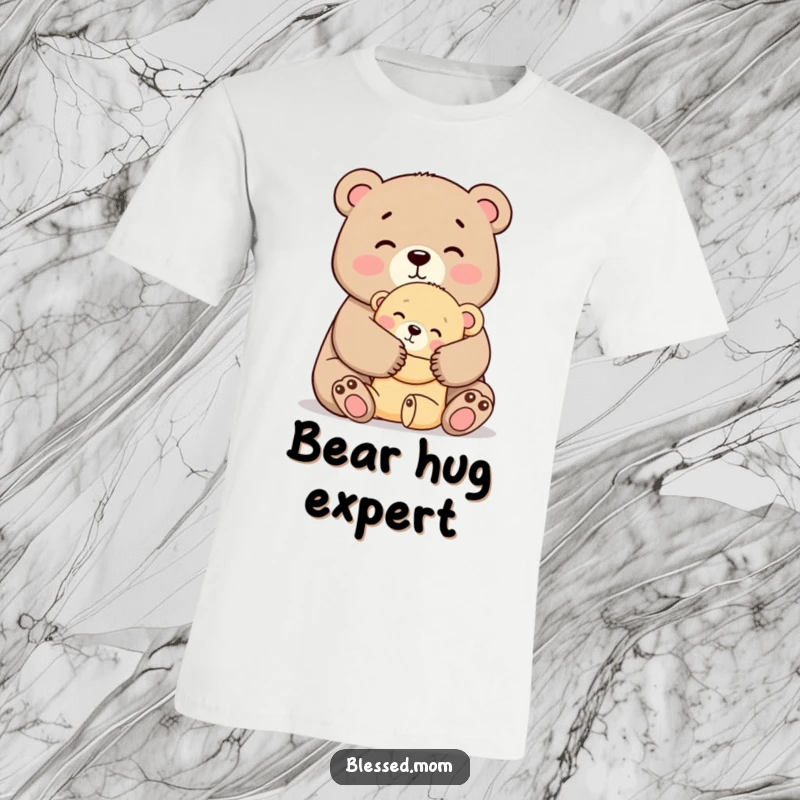 Funny Mama Bear Hug T-Shirt, a kawaii mother bear tightly hugging her cub with affection, cozy and sweet, ideal mom gift.