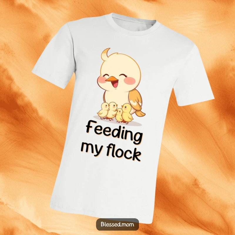 Funny mama bird t-shirt, a smiling mother bird feeding her small chicks from her beak, perfect for moms and bird lovers.
