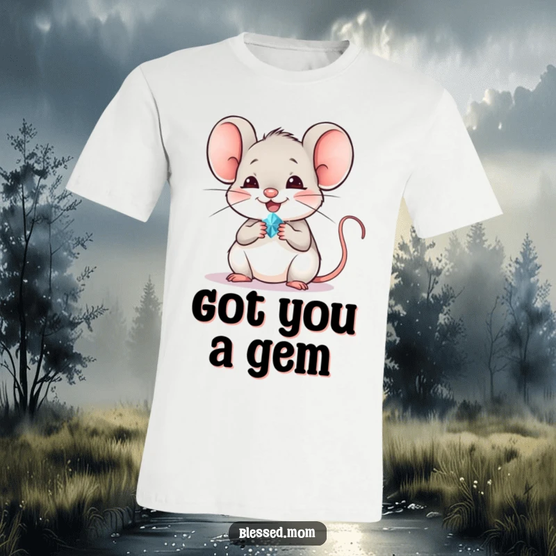 Funny mouse t-shirt with a cheerful mouse offering a tiny, sparkling jewel, embodying happiness and good fortune.