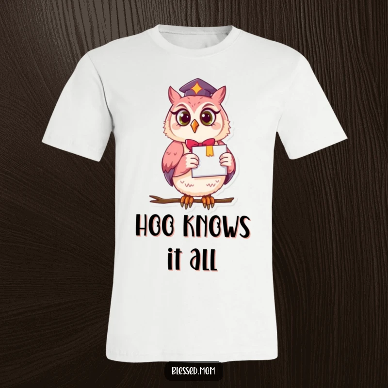 A funny graphic tee features a wise owl mom holding a diploma, signifying her graduation and intelligence with a humorous touch.