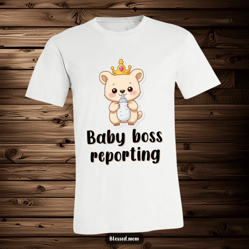 Funny T-Shirt: A tiny, proud animal wearing a crown and holding a baby bottle, announcing new parent status humorously.