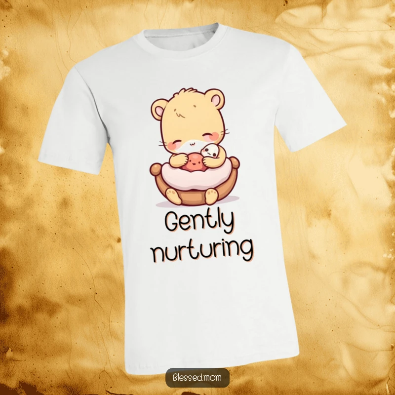 Funny T-Shirt depicting an animal gently rocking a miniature cradled object, showcasing tenderness and humor.
