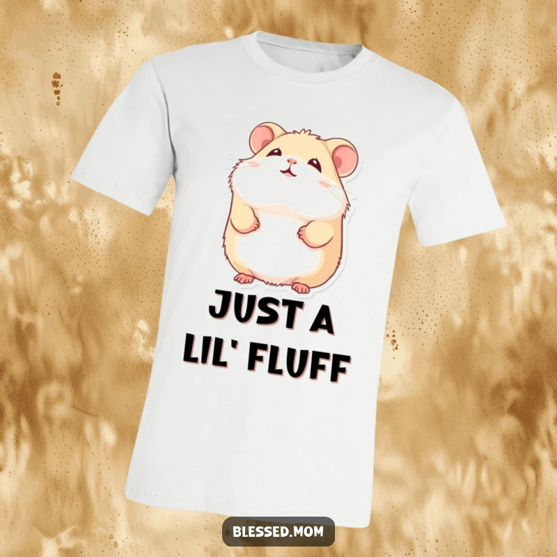 Funny hamster t-shirt with a fluffy hamster smiling gently and looking upward, symbolizing happiness and positivity.