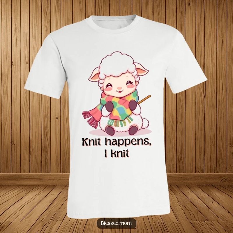 Funny Kawaii Sheep Mom T-Shirt: Cheerful sheep mom knitting a colorful scarf, showcasing her joyful hobby, ideal for craft lovers.