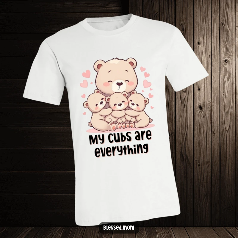 Cozy bear mom t-shirt featuring gentle hugs for cubs amidst glowing hearts, a symbol of maternal tenderness.