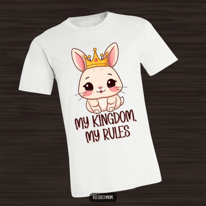 Funny rabbit t-shirt with a content rabbit wearing a tiny crown, embodying cute royalty and happiness.