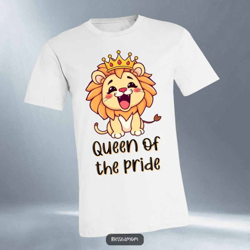Funny Kawaii Lion Mom T-Shirt: Adorable lion mom roaring playfully with a tilted crown, showing off her queenly spirit.
