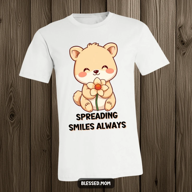 Funny T-Shirt with a smiling animal cradling a delicate flower, conveying sweetness and happiness. A charming funny gift.