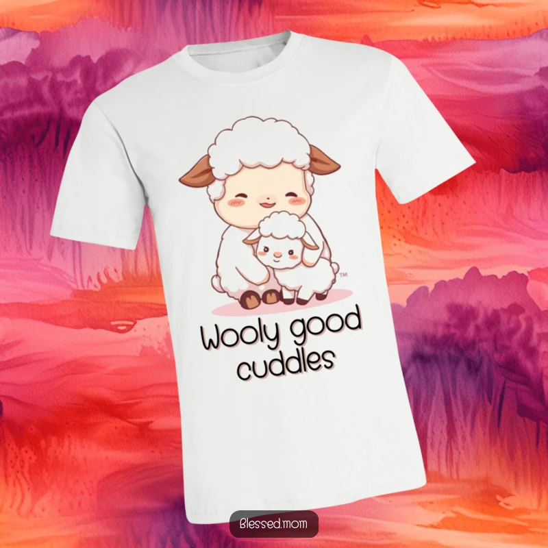 A soft t-shirt featuring a contented sheep mom nuzzling her fluffy lamb, symbolizing tender maternal love and peacefulness.