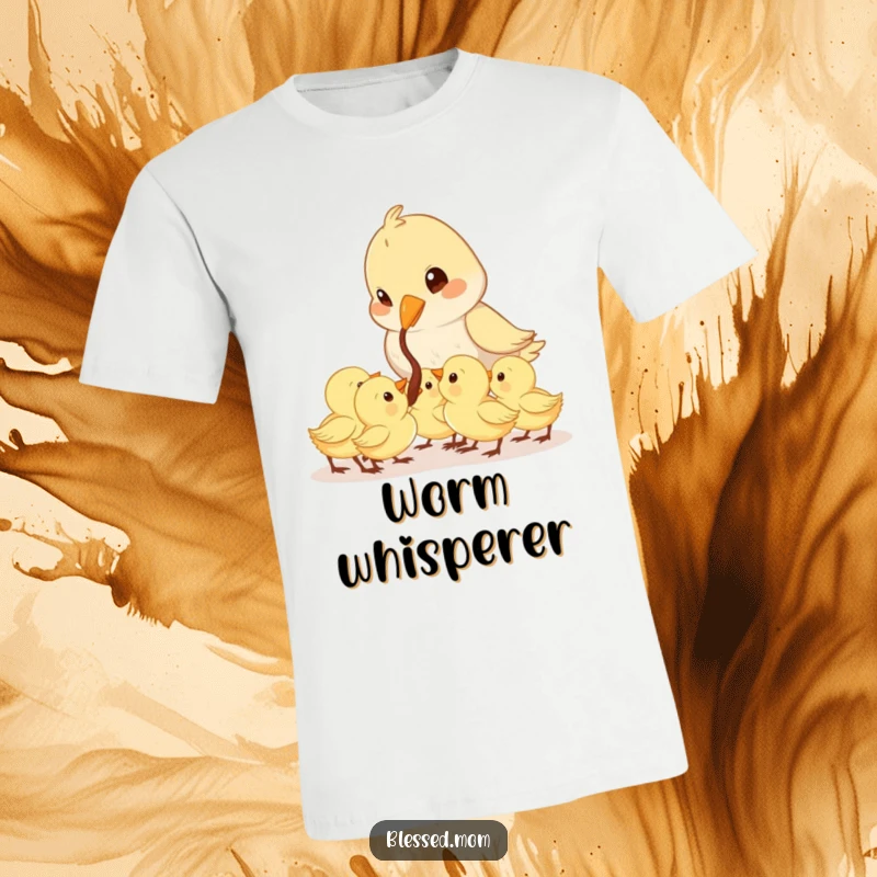 Funny Mama Bird t-shirt depicts a cute bird diligently feeding a worm to several eager chicks, showing tender care.