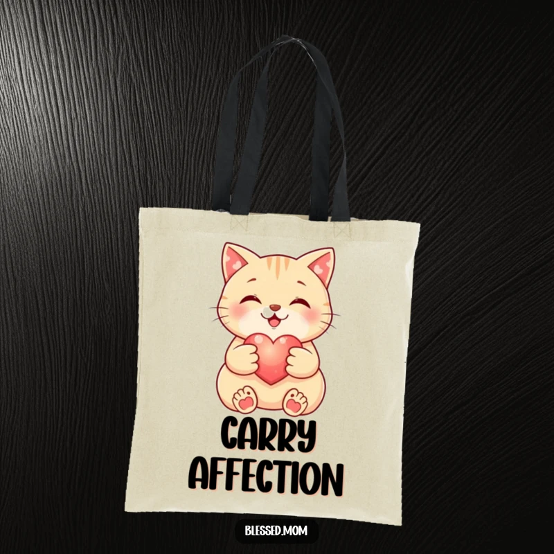 Funny Cat Tote Bag: Smiling cat cradles a small, glowing heart, perfect for carrying essentials with love. A cute and funny gift.