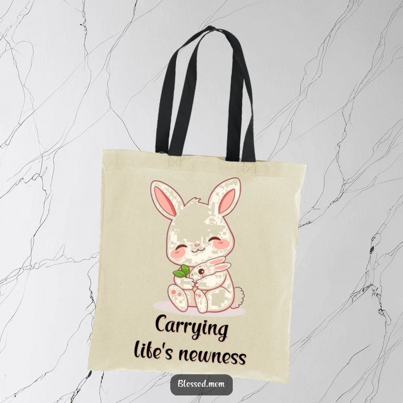 Funny bunny mom tote bag, featuring a smiling mama bunny cradling a tiny sprout, a perfect blend of cute, practical, and humorous gifting.