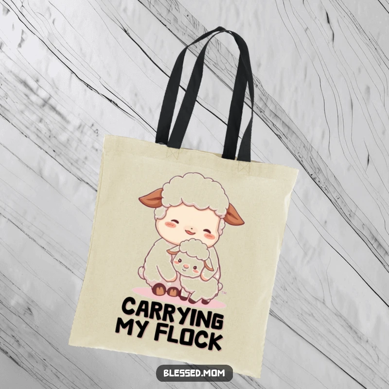 A tote bag showcasing a contented sheep mom nuzzling her fluffy lamb, embodying gentle affection and everyday comfort.