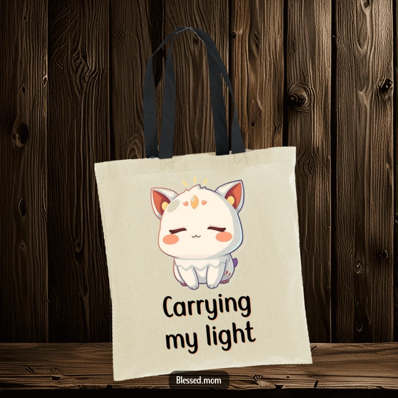 Funny Tote Bag with a creature's eyes closed, radiating a warm, gentle glow, perfect for carrying items with serene energy.