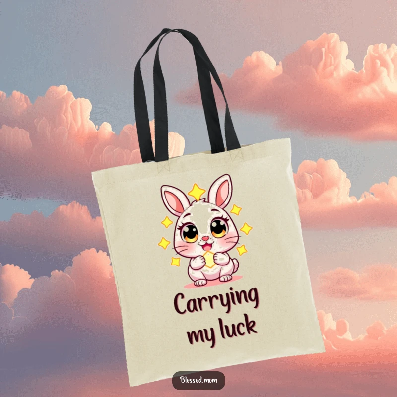 Funny tote bag with a cheerful rabbit character with wide eyes, holding a glowing charm, perfect for carrying items with whimsy.