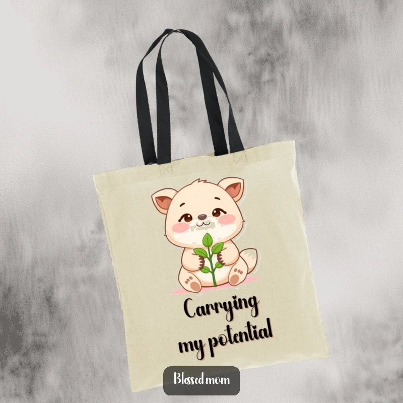Funny Tote Bag with an animal holding a sprouting plant, symbolizing growth and potential. A practical and funny gift.
