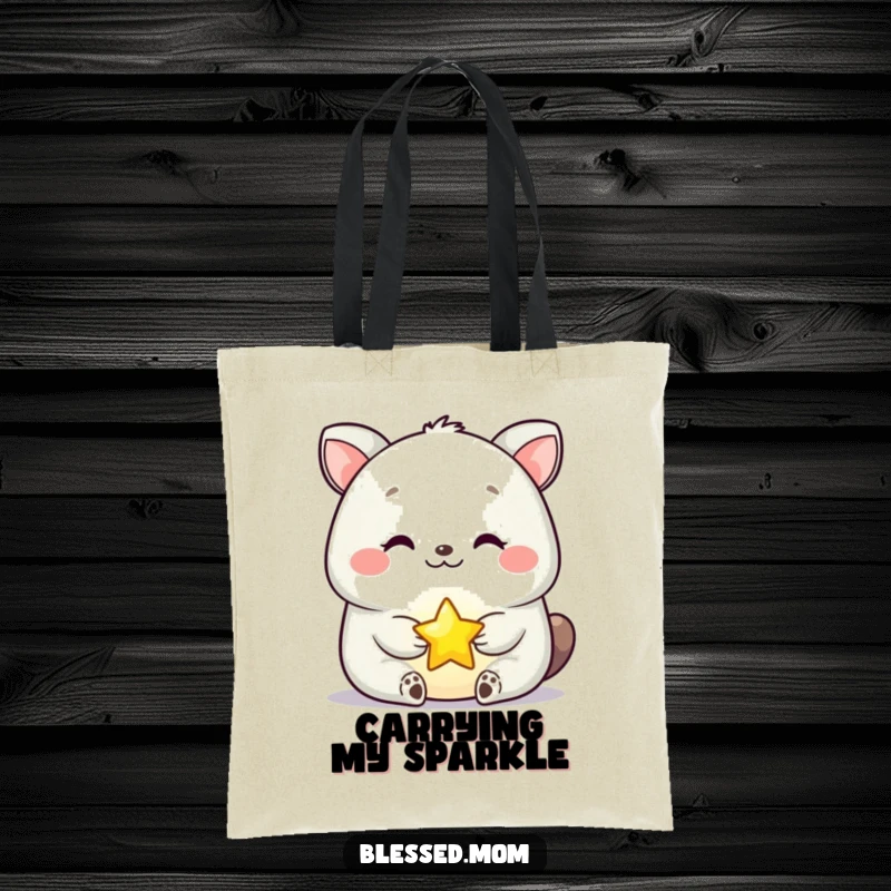 Funny Tote Bag with a serene happy animal holding a small glowing star, great for carrying essentials with style.