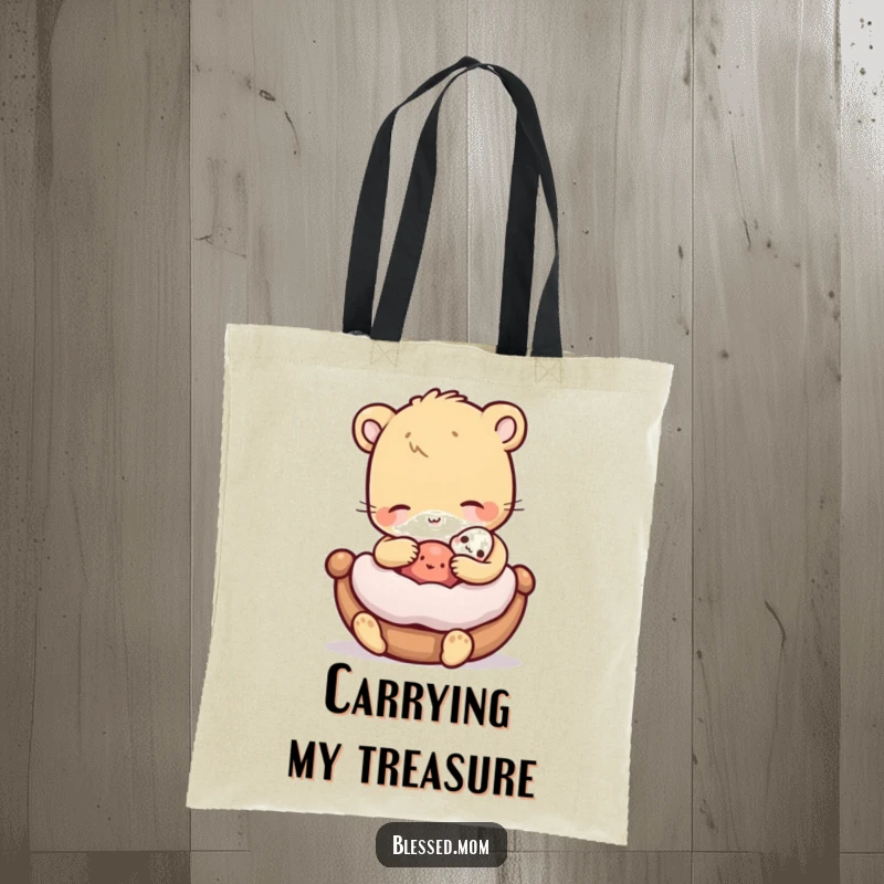 Funny Tote Bag with a gentle animal rocking a miniature cradled object, perfect for carrying items with care.