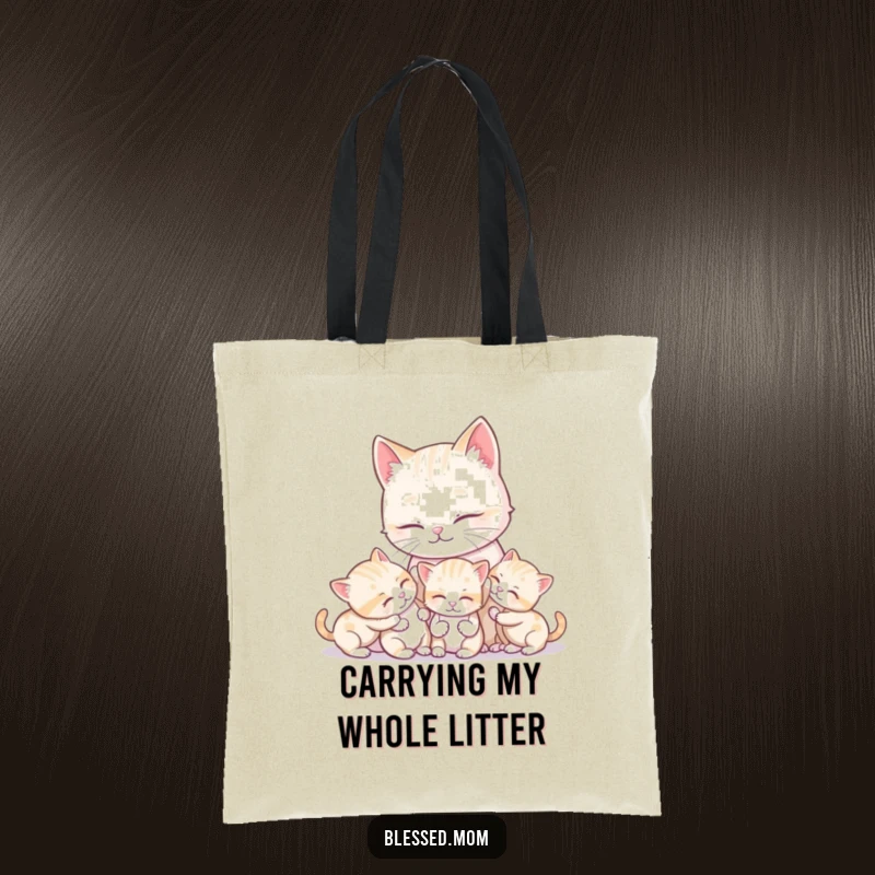 Funny kawaii mother cat lovingly grooming her playful kittens, depicted on a durable and stylish tote bag for everyday use.