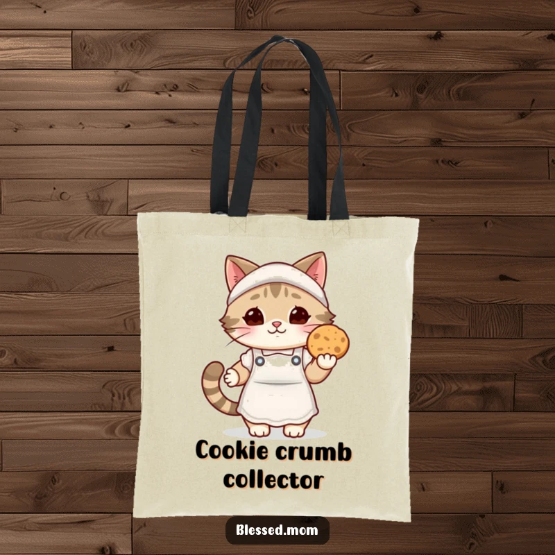 Funny kawaii cat mom tote bag, showing a cute cat mom in a cozy apron serving a warm cookie. Great for everyday use.