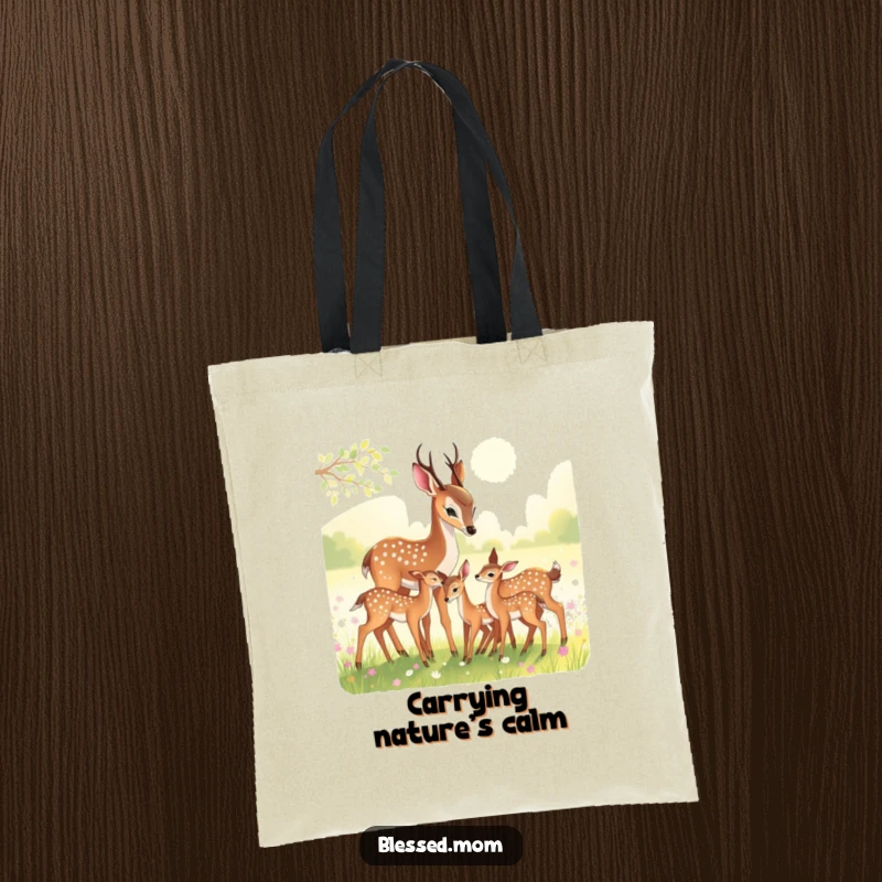Funny Tote Bag: Deer mom nuzzling her fawns in a sun-dappled meadow, a beautiful carry-all.