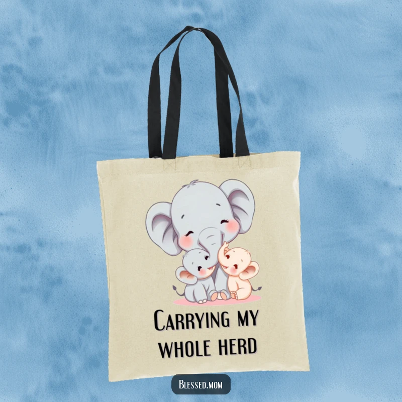Funny elephant mom tickling her baby with her trunk, depicted on a durable tote bag, showcasing a humorous and loving maternal scene.