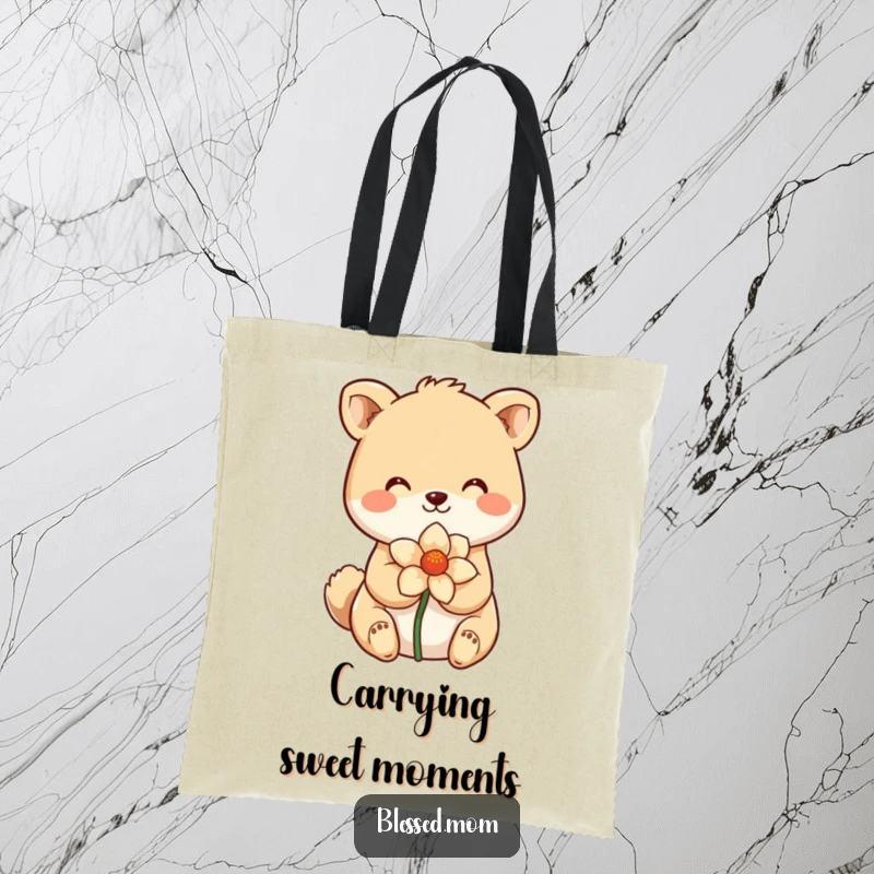 Funny Tote Bag featuring a smiling animal cradling a flower, perfect for carrying essentials with sweet humor. A practical funny gift.