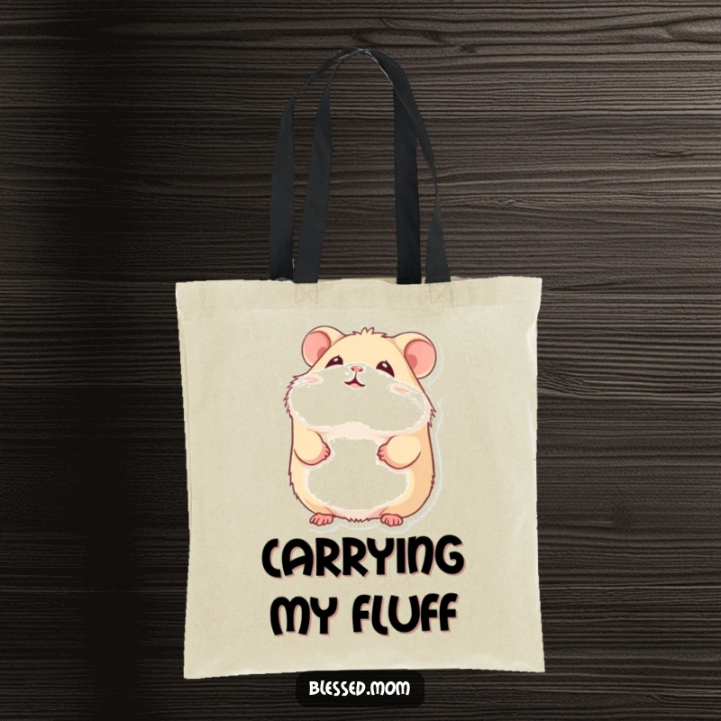 Funny hamster tote bag with a fluffy hamster smiling gently and looking upward, perfect for carrying smiles and essentials.